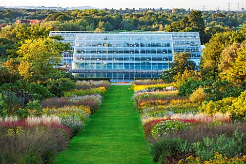 RHS_GARDEN_WISLEY_SURREY__VIEW_ALONG_GLASSHOUSE_BORDERS_FROM_THE_FRUIT_MOUND_TO_THE_GLASSHOUSE__LATE
