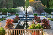 ARLEY ARBORETUM, WORCESTERSHIRE: THE ITALIAN GARDEN IN AUTUMN WITH FOUNTAIN AND CANAL - WATER, FORMAL GARDEN, OCTOBER, CLASSIC GARDEN, WATER GARDEN