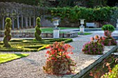ARLEY ARBORETUM, WORCESTERSHIRE: THE ITALIAN WALLED GARDEN IN AUTUMN WITH CONTAINERS AND PARTERRE - FORMAL GARDEN, OCTOBER, CLASSIC GARDEN, ITALIANATE
