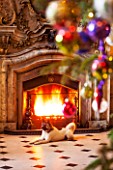 CASTLE HOWARD, YORKSHIRE: CHRISTMAS - DEE THE DOG IN THE GREAT HALL BESIDE THE FIREPLACE - DECORATION, DECORATIVE, ORNAMENT, WINTER, BAUBLES, FESTIVE, ANIMAL, PET