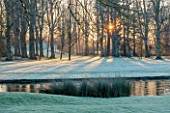 GREAT FOSTERS. SURREY: SUNRISE THROUGH TREES AND SAXON MOAT - WATER, COUNTRY GARDEN, WINTER, FROST, JANUARY