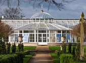 CHISWICK HOUSE CAMELLIA SHOW / COLLECTION, CHISWICK HOUSE AND GARDENS, LONDON: FRONT OF THE CONSERVATORY IN FEBRUARY - GLASSHOUSE, GLASS HOUSE, BUILDING, ITALIAN GARDEN
