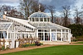 CHISWICK HOUSE CAMELLIA SHOW / COLLECTION, CHISWICK HOUSE AND GARDENS, LONDON: FRONT OF THE CONSERVATORY IN FEBRUARY - GLASSHOUSE, GLASS HOUSE, BUILDING, ITALIAN GARDEN
