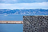 MUCEM, MARSEILLES, FRANCE: VIEW OF MUCEM AND THE MEDITERRANEAN FROM FORT SAINT JEAN.