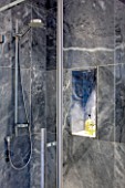 SALLY STOREY HOUSE, LONDON: WHITE AND GREY BATHROOM WITH GREY MARBLE SHOWER - LIT, LIGHT, LIGHTING, LIGHTS