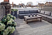 SALLY STOREY HOUSE, LONDON: ROOF TERRACE WITH FAKE WOODEN DECKING, LOUNGERS AND WOODEN TABLE. FAKE HYDRANGEAS, ROOF GARDEN, SEAT, SEATS, ENTERTAINING, DECK, TOWN GARDEN, MODERN