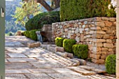 LA JEG, PROVENCE, FRANCE: STONE STEPS DRIVE, PATH, STONE WALL, RILL, FOUNTAIN, BOX HEDGING - BUXUS, CLIPPPED, TOPIARY, WATER, MEDITERRANEAN, ENTRANCE