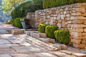 LA JEG, PROVENCE, FRANCE: DESIGN: ANTHONY PAUL - STONE WALL, RILL, FOUNTAIN, BOX HEDGING - BUXUS, CLIPPPED, TOPIARY, WATER, MEDITERRANEAN