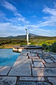 LA JEG, PROVENCE, FRANCE: DESIGNER ANTHONY PAUL - SWIMMING POOL, SCULPTURE MAN AND BIRD BY MARZIA COLONNA , MAY, MEDITERRANEAN, WATER, ORNAMENT, GARDEN, MONT VENTOUX