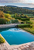 LA JEG, PROVENCE, FRANCE: DESIGNER ANTHONY PAUL - SWIMMING POOL AND REFLECTION OF SKY. ABBAYE DU BARROUX. MAY, MEDITERRANEAN, WATER, ORNAMENT, GARDEN, REFLECTIONS, REFLECTED