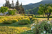 LA JEG, PROVENCE, FRANCE: DESIGNER ANTHONY PAUL -  GRASS PARTERRE AND VIEW TO HILLSIDE BEYOND. SPRING. MEDITERRANEAN, GARDEN, GREEN, PROVENCE, MAY