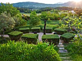 LA JEG, PROVENCE, FRANCE: DESIGNER ANTHONY PAUL -  PATH WITH CLIPPED TOPIARY OLIVE CUBES AND VIEW TO HILLSIDE BEYOND. SPRING. MEDITERRANEAN, GARDEN, GREEN, PROVENCE, MAY