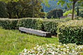 LA JEG, PROVENCE, FRANCE: DESIGNER ANTHONY PAUL - LAWN, CLIPPED ELEAGNUS HEDGE, WOODEN WAVE BENCH BY ANTHONY PAUL. GREEN, OAK, SEAT, MEDITERRANEAN, GARDEN, PROVENCE, MAY