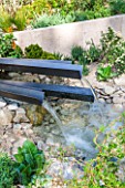 CHELSEA FLOWER SHOW 2016: TELEGRAPH GAREDEN DESIGNED BY ANDY STURGEON -METAL WATER SPOUTS - FOUNTAIN, WATER FEATURE