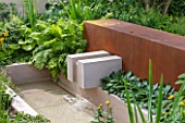 CHELSEA FLOWER SHOW 2016: WATER FEATURE- SPOT, RILL, FOUNTAIN - VESTRA WEALTH GARDEN OF MINDFUL LIVING DESIGNED BY PAUL MARTIN - SHADE, SHADY, LIMESTONE, CORTEN STEEL