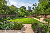 PRIVATE GARDEN LONDON DESIGNED BY LUCY WILLCOX AND ANA SANCHEZ MARTIN: TOWN GARDEN WITH LAWN, PATHS, STATUE,WALLS, PERGOLA, BORDERS, SEAT - JUNE, SUMMER, FORMAL, TABLE, CHAIRS