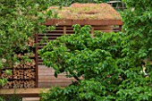 PRIVATE GARDEN LONDON DESIGNED BY LUCY WILLCOX AND ANA SANCHEZ MARTIN: CORTEN STEEL LOG STORE AND LIVING ROOF ON COVERED SEATING AREA.. LOGS, FIRE PIT, BUG HOTEL, WILDLIFE FRIENDLY