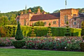 GLYNDEBOURNE, EAST SUSSEX: THE NEW MARY CHRISTIE ROSE GARDEN AT DAWN - FORMAL, ROSES, ENGLISH, SUMMER, JUNE, TOPIARY, YEW