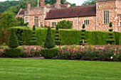 GLYNDEBOURNE, EAST SUSSEX: THE NEW MARY CHRISTIE ROSE GARDEN AT DAWN - FORMAL, ROSES, ENGLISH, SUMMER, JUNE, TOPIARY, YEW
