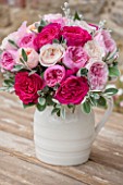 THE REAL FLOWER COMPANY: BEAUTIFUL ROSES IN SHADES OF PINK, DISPLAYED IN WHITE PORCELAIN VASE. ROSA KATE, MIRANDA, JULIET AND KIERA. PRETTY, VINTAGE,SHABBY CHIC,ARRANGEMENT