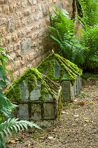 THE_LODGE_BURFORD_OXFORDSHIRE_OLD_VICTORIAN_CLOCHES_WITH_FERNS_BY_HOUSE_WALL_DETAILANTIQUE_GARDEN