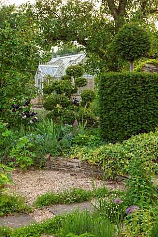 OXLEAZE_FARM_OXFORDSHIRE_VIEW_TO_GREEHOUSE_WITH_YEW_COLUMN_AND_CLOUD_PRUNED_BOX_TOPIARY_EVERGREEN_SH