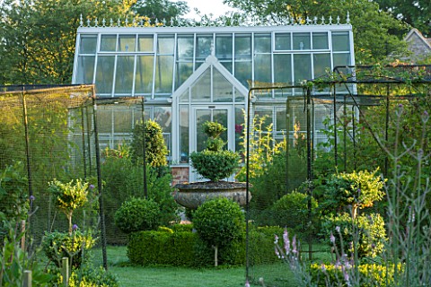 OXLEAZE_FARM_OXFORDSHIRE_GARDEN_WITH_GREENHOUSE_FRUIT_CAGES_AND_CLIPPED_BOX_TOPIARY_SHAPES