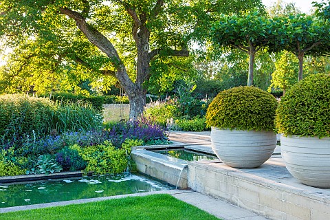 PRIVATE_GARDEN_GLOUCESTERSHIRE_DESIGNED_BY_MARCUS_BARNETT_RILL_WATER_WATERFALL_CONTAINERS_YEW_TERRAC