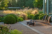 PRIVATE GARDEN, GLOUCESTERSHIRE DESIGNED BY MARCUS BARNETT: TERRACE, GRASSES, ALLIUMS, CLIPPED BOX DOMES, SEATS, SEATING, SUMMER, GARDEN, COTSWOLDS