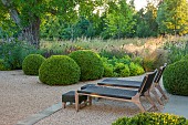 PRIVATE GARDEN, GLOUCESTERSHIRE DESIGNED BY MARCUS BARNETT: TERRACE, GRASSES, ALLIUMS, CLIPPED BOX DOMES, SEATS, SEATING, SUMMER, GARDEN, COTSWOLDS