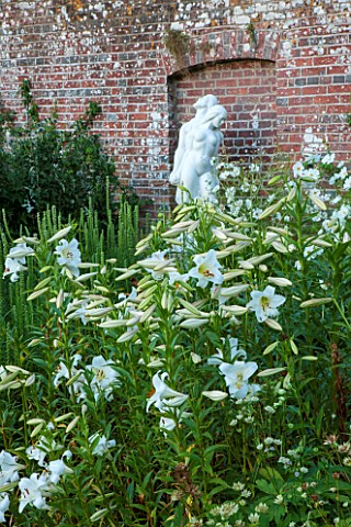 BELMONT_HOUSE_SUSSEX__DESIGN_ANTHONY_PAUL_WALLED_GARDEN_STATUE_WHITE_PLANTING_OF_LILIES_LILIUM_REGAL