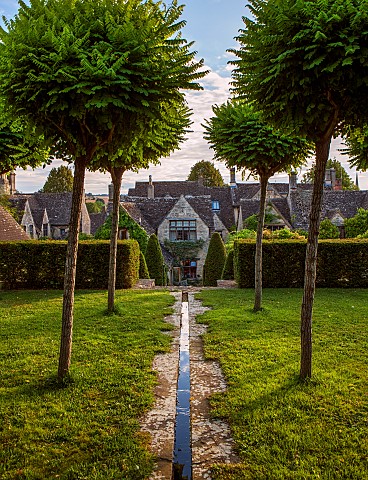 CALENDARSBURFORDOXFORDSHIRESTANDARD_ROBINIA_UMBRACULIFERA_CLIPPED_YEW_HEDGING_AND_RILL_IN_LAWN_WITH_