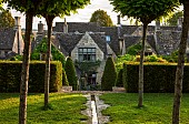 CALENDARS:BURFORD,OXFORDSHIRE:STANDARD ROBINIA UMBRACULIFERA, CLIPPED YEW HEDGING AND RILL IN LAWN WITH VIEW TO HOUSE AND YEW CONES. TREES,GREEN,SUMMER,LIGHT,GARDEN.
