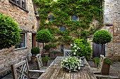 CALENDARS:BURFORD,OXFORDSHIRE:COURTYARD GARDEN WITH OUTDOOR DINING AREA.TABLE & CHAIRS WITH POTTED BAY TREES UNDERPLANTED WITH CAMPANULA.WISTERIA ON WALL & COSMOS/NEMESIA ON TABLE