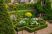 CALENDARS, BURFORD, OXFORDSHIRE: OVERVIEW OF FORMAL BOX PARTERRE WITH WHITE COSMOS & HERBS. BLUE AGAPANTHUS IN CONTAINER, WHITE JASMINE ON OLD WALL & WISTERIA ON HOUSE WALL.SUMMER