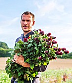 THE REAL FLOWER COMPANY: ANDRIEJS HOLDING A BUNCH OF ROSES - ROSA DEEP SECRET . MAN, CUT, FLOWERS, CUTTING, GARDEN