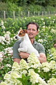 THE REAL FLOWER COMPANY: ROB HOLDING HIS DOG BIFFY IN THE ROSE PADDOCK. MAN, CUT, FLOWERS, CUTTING, GARDEN, SUMMER, HYDRANGEAS