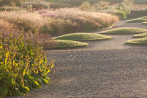 HAUSER__WIRTH_SOMERSET_THE_OUDOLF_FIELD_DURSLADE_FARM__MIST_GRAVEL_PATH_PAST_GRASS_MOUNDS_AND_NEW_PE