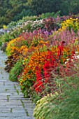 RHS GARDEN, WISLEY, SURREY: THE FAMOUS DOUBLE MIXED BORDER IN SUMMER STRETCHING 128 METRES DOWN THE HILL - GRASS, PERENNIALS, SUMMER, GARDEN, CLASSIC, PERENNIAL, HERBACEOUS