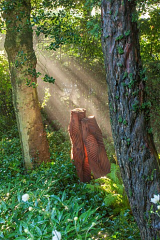 MORTON_HALL_GARDENS_WORCESTERSHIRE_WOOD_SCULPTURE_FROM_FELLED_WELLINGTONIA_IN_THE_ROCKERY_MORNING_LI