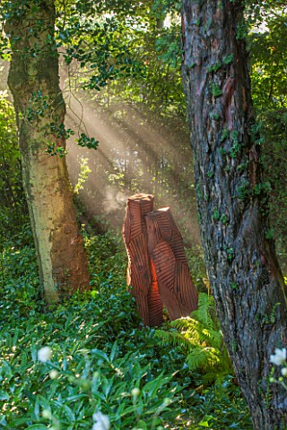 MORTON_HALL_GARDENS_WORCESTERSHIRE_WOOD_SCULPTURE_FROM_FELLED_WELLINGTONIA_IN_THE_ROCKERY_MORNING_LI