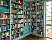 MORTON HALL, WORCESTERSHIRE: LIBRARY SHELVES BY WIENER WERKSTAETTEN PAINTED IN FB DIX BLUE