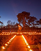 BLENHEIM PALACE, OXFORDSHIRE, WINTER, CHRISTMAS - THE SCENTED FIRE GARDEN, CANDLES, LIGHTS, LIGHTING, NIGHTTIME, EVENING