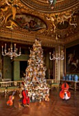 VAUX LE VICOMTE, FRANCE: CHRISTMAS - THE KINGS BEDCHAMBER - BAROQUE CEILING BY LE BRUN, CHRISTMAS TREE, LIGHTS, LIGHTING, WINTER