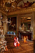 VAUX LE VICOMTE, FRANCE: CHRISTMAS - THE KINGS BEDCHAMBER - BAROQUE CEILING BY LE BRUN, CHRISTMAS TREE, LIGHTS, LIGHTING, WINTER, FIRE, FIREPLACE, MIRROR