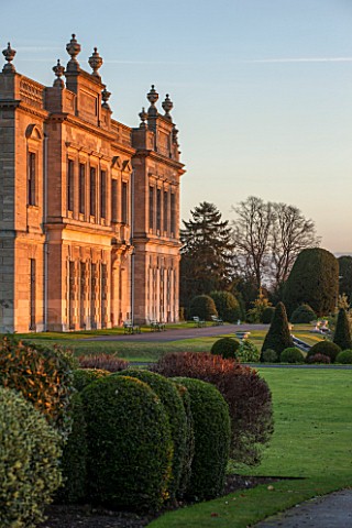 BRODSWORTH_HALL_YORKSHIRE_SUNRISE__VIEW_ACROSS_LAWN_TO_BORDER_OF_CLIPPED_EVERGREEN_TOPIARY_WITH_HALL