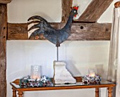 THE FREETH, HEREFORDSHIRE: DINING ROOM,  VINTAGE COCKEREL, CANDLES, ORNAMENT