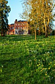 MORTON HALL GARDENS, WORCESTERSHIRE: THE HOUSE SEEN FROM THE MONOPTEROS, PARKLAND MEADOW, DAFFODILS, NARCISSUS, PARK, SUNRISE, SPRING