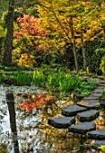 MORTON HALL GARDENS, WORCESTERSHIRE: THE STROLL GARDEN. STEPPING STONES, POOL, POND, SPRING, MORNING, LIGHT, WATER, ENGLISH, GARDEN, ROCK, ROCKS,  PATH, REFLECTION, REFLECTED