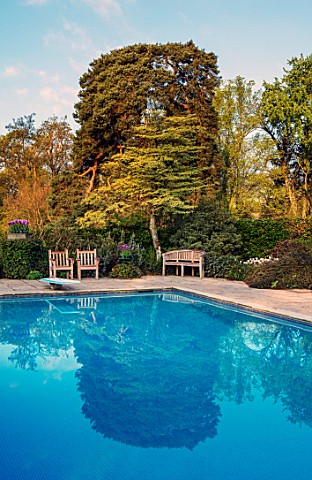 PASHLEY_MANOR_GARDEN_EAST_SUSSEX_SPRING__THE_POOL_TERRACE_WITH_SWIMMING_POOL_WOODEN_BENCHES_SEATS_SP